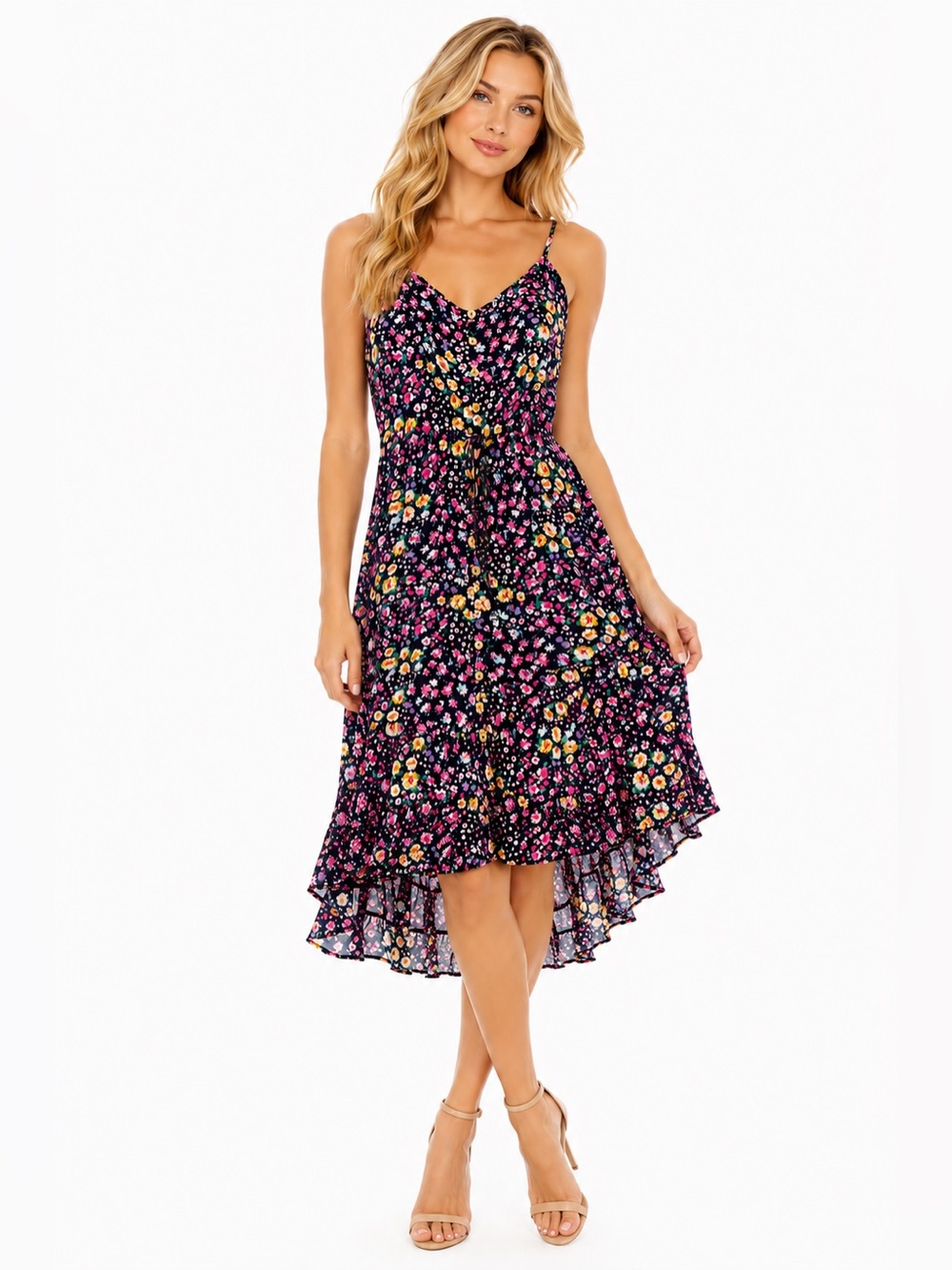 Ee:some Size Medium Floral Hi-Low Sundress - Black with Pink & Yellow Floral